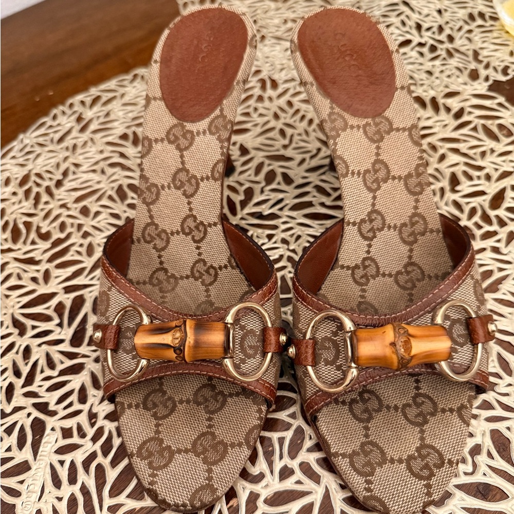 Vintage Gucci Brown Bamboo Logo Mules